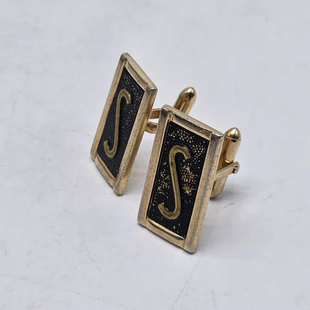 SWANK Monogram Gold Black Enamel Cufflinks With 